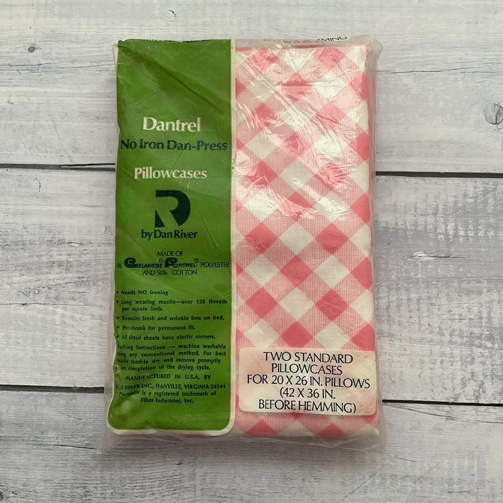 Dantrel Dan River Double Sheet Set Flat Fitted‎ Pillowcases Pink White Check VTG
